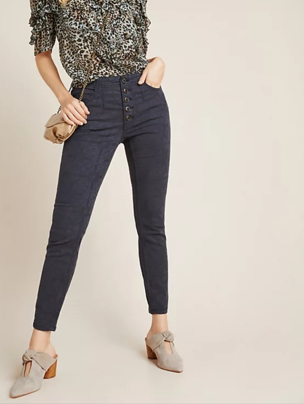 Anthropologie × Pilcro Jacquard Floral Pants High Rise Skinny Gray Button Fly 30